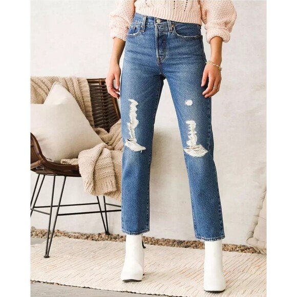 Levis Premium Womens Wedgie Straight Denim Jeans Dark Blue High Rise Button Fly - Picture 5 of 9